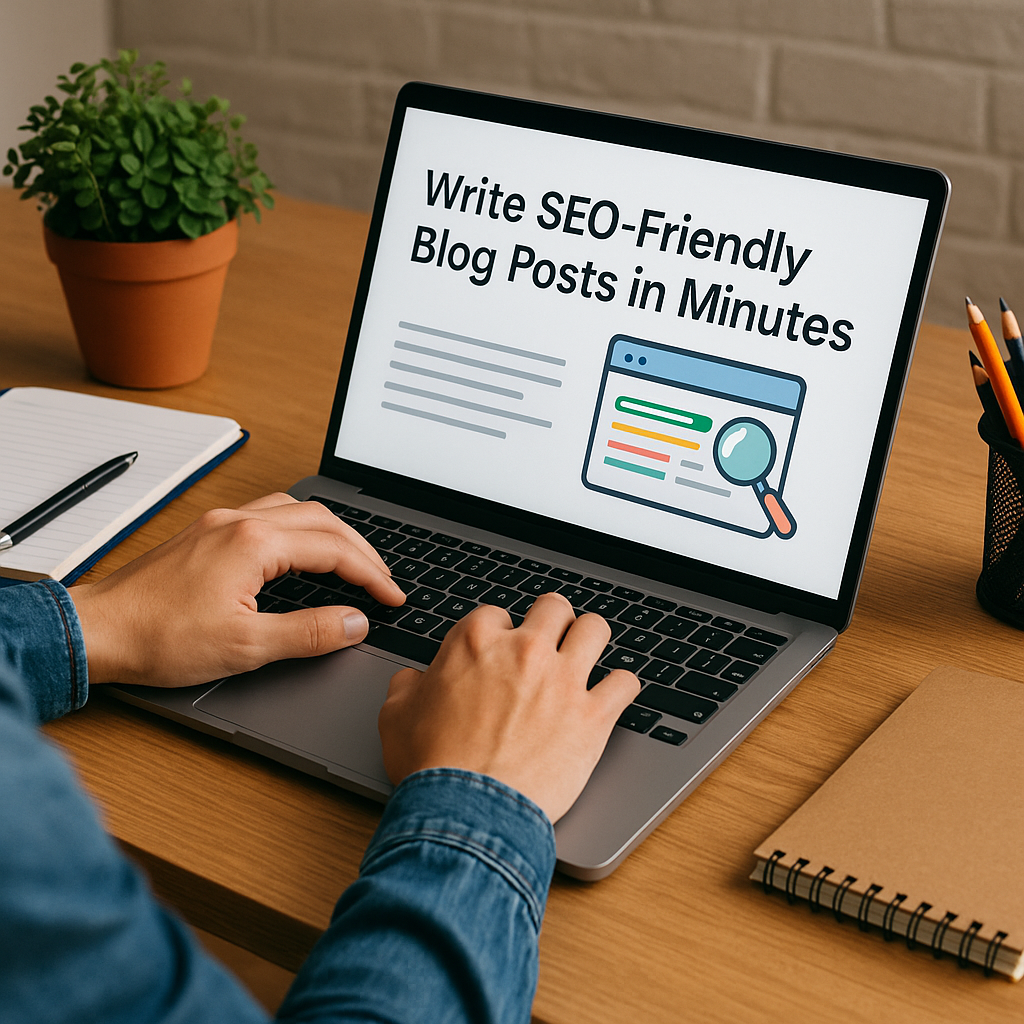 A person in a denim jacket types on a silver laptop at a wooden desk with notebooks, pens, and a small plant, while the laptop screen shows “Write SEO-Friendly Blog Posts in Minutes.”